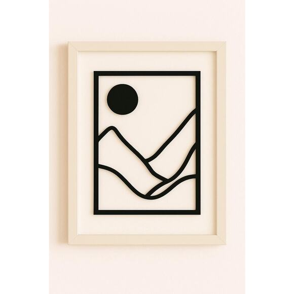 Minimalist Abstract Wall Art | Black Line Mountain Print with Sun - Picture 1 of 3